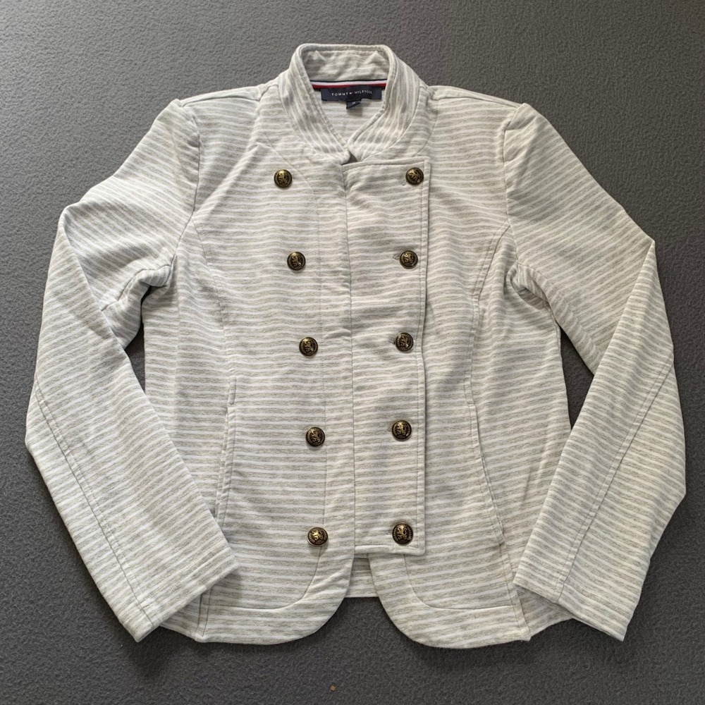 Tommy Hilfiger Knit Blazer Jacket Gray Striped Crest Buttons Military Band Mdm